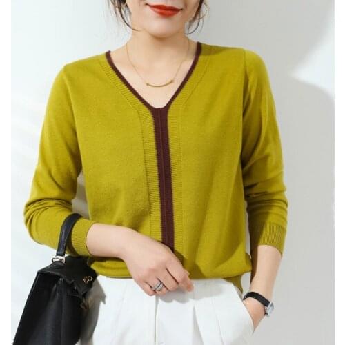 21 spring and autumn new sweater women loose casual color matching V-neck pullover thin knit bottoming sweater