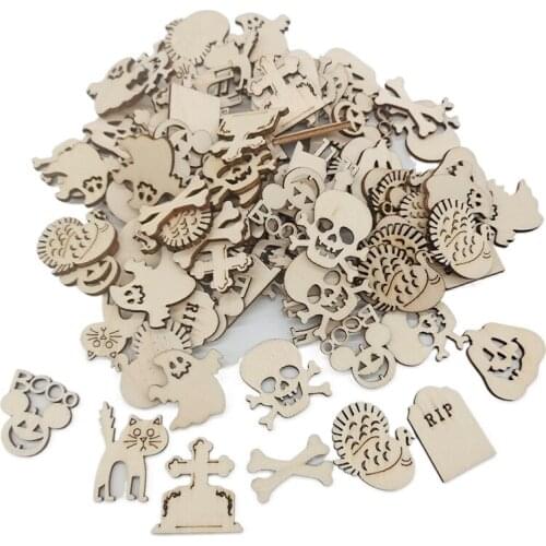 50pcs Halloween Wooden Slices Unfinished Wooden Ornaments Halloween DIY Wood Cutouts