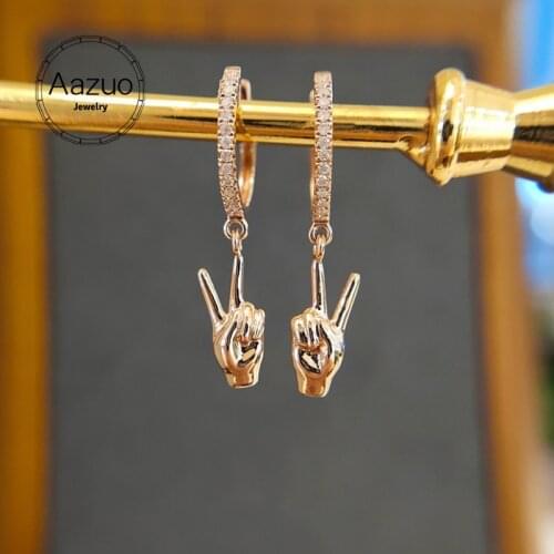 Aazuo INS Real 18K Rose Gold Real Diamonds Fairy Victory Hand Gesture Hoop Earrings gifted for Women Wedding Party Au750