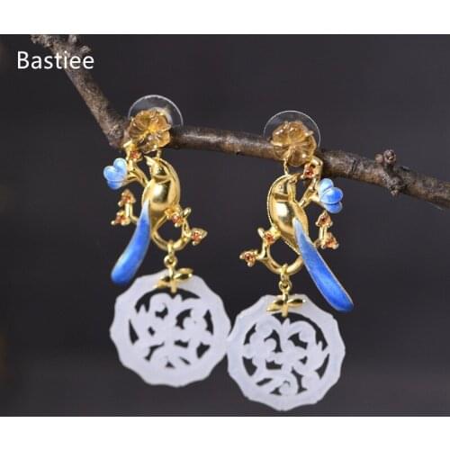 Bastiee Silver 925 Jewelry 925 Sterling Silver Earrings Dangle Earrings Vintage Inlaid Jade Korean Earrings Silver