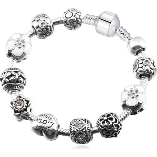 Pandora style crystal bracelet, silver-plated charm bracelet, European and American fashion alloy large beads bracelet wholesale