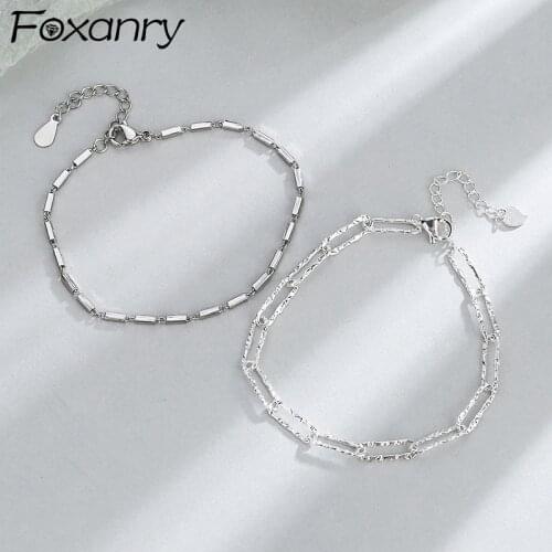 FOXANRY 925 Sterling Silver Bracelets for Women New Trendy Elegant Couples Simple Bamboo Block Design Party Jewelry Girl Gifts