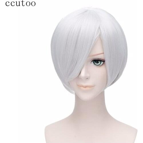 Ccutoo 35cm Silver White Short Straight Full Bangs Bobo Styled Synthetic Hair Heat Resistance Fiber Cosplay Full Wigs