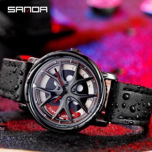 SANDA Mens Watch Casual Fashion Top Brand Luxury Watch Men Rotating Car Wheel Dial Clock Waterproof Quartz Wristwatch
