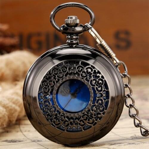 Black/Silver Hollow Pattern Blue Starry Dial Quartz Pocket Watches Retro Exquisite Pendant Antique Clock Gifts with Chain