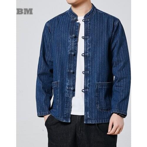 Chinese Style Plus Size Denim Jacket Loose Striped Tang Suit Retro Coats Casual Thin Top Men Clothing Fashion Oversized Hanfu
