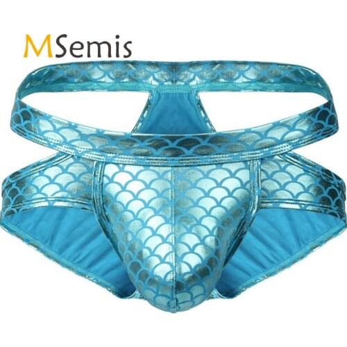 Mens Sexy Underwear Lingerie Shiny Fish Scale Print Bulge Pouch Briefs Underpants Hollow Out Low Waist Elastic Waistband Panties