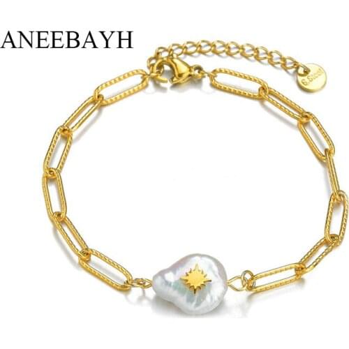 New Elegant Shell Pendant Bracelets & Bangles For Women Gold Stainless Steel Chain Fresh Water Pearl Star Bracelet