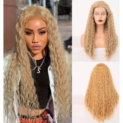 RONGDUOYI Synthetic Lace Front Wigs for Women Long Blonde Wig High Temperature Fiber Hair Wigs Deep Wave Cosplay Wig Middle Part