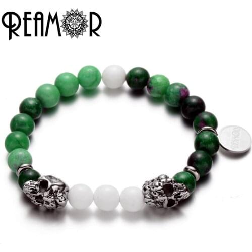REAMOR Men Bracelet Stainless Steel Skull Charm Epidote Zoisite & Tridacnidae 8mm Natural Stone Beads Bracelet For Women Jewelry