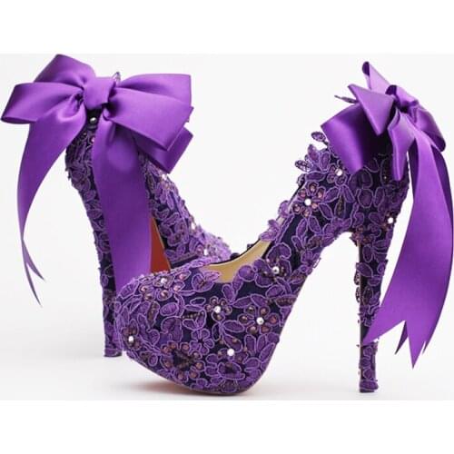 Luxury Platform Crystal Formal Dress Shoes High Heel Fashion Fower Rhinestone Bridal Shoes Purple Lace Wedding Shoes Women Pumps