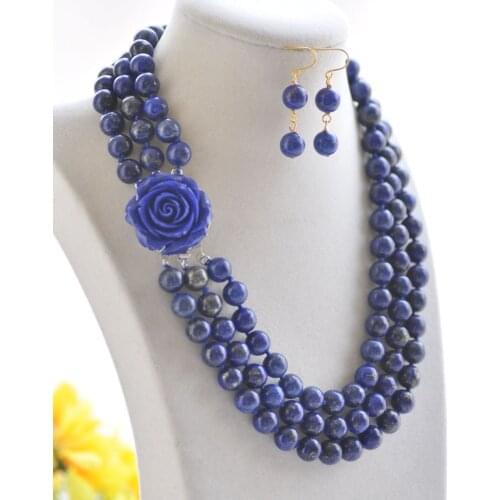 S2351 3Row 20" 10mm Natural Blue Round lapis lazuli Bead Necklace & Earring