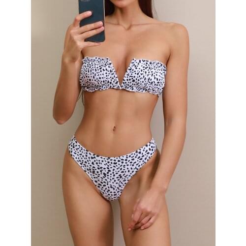 Sexy Leopard Print Bikini 2021 Women Off Shoulder V Bra Push Up Bra Swimsuit Strapless Bathing Suit Thong Swimwear Ropa Mujer