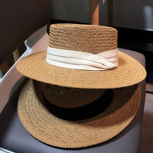 Ladies Handmade Natural Straw Hat Summer Beach Hat For Women Panama Cap Fashion Concave Flat Protetion Visor Sun Boat Hats