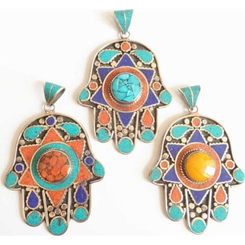 TBP531 Tibetan Buddha Hand Amulet Pendants White Metal Copper Inlaid Colorful Stone Vintage Pendant