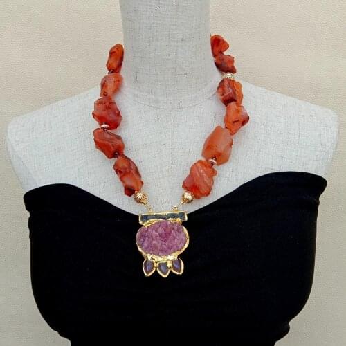 YYGEM Unique Fuchsia Quartz Druzy Pendant 21"Natural Red Carnelian Rough Nugget Necklace vintage for women