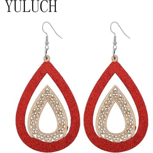 YULUCH Woman Glitter Hollow OUT Water Drop Wood Earrings Girl Pendant Jewelry for Womens Party Sequin Accessories