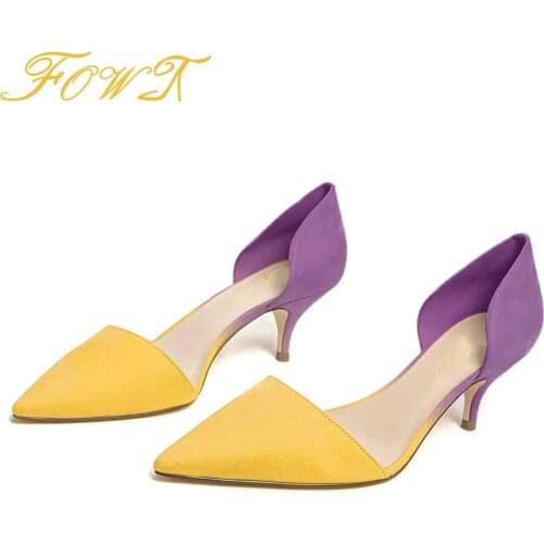 Yellow Purple Multicolor Suede D'Orsay&Two-Piece Pumps Thin Cat Heels Pointed Toe Big Size 43 44 Casual Dress Ladies Shoes FOWT