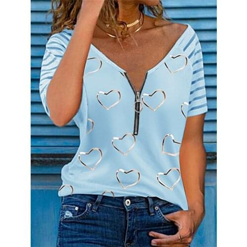 Heart Print Womens Casual T Shirt V Neck Zipper Loose Short Sleeve Top Summer Fashion Sexy Plus Size Clothing Top De Mujer