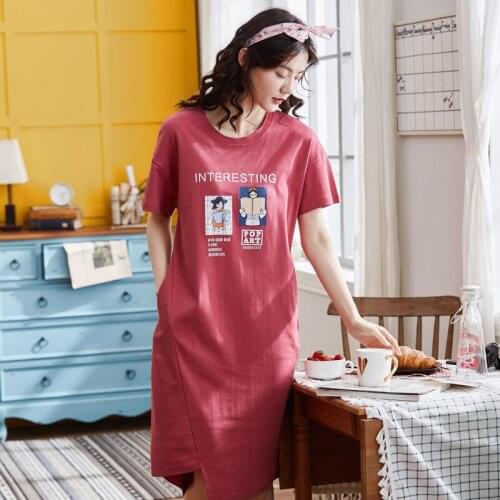 Women new ladies cotton pajamas skirt summer sweet cartoon Korean fresh short sleeve thin nightdress sleepshirts women sleepwear