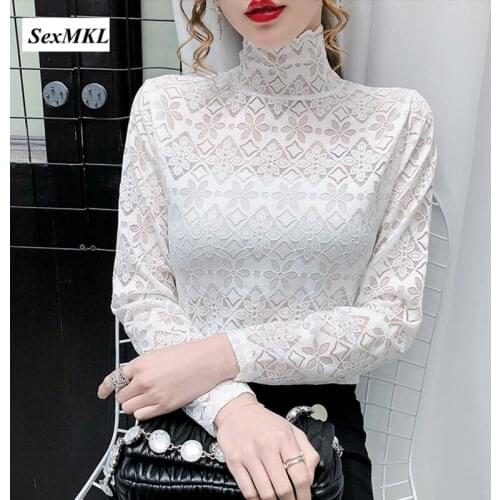 Women Elegant Basic White Blouses 2020 Fashion Long Sleeve Casual Lace Ladies Tops Korean Clothes Transparent Sexy Black Shirts