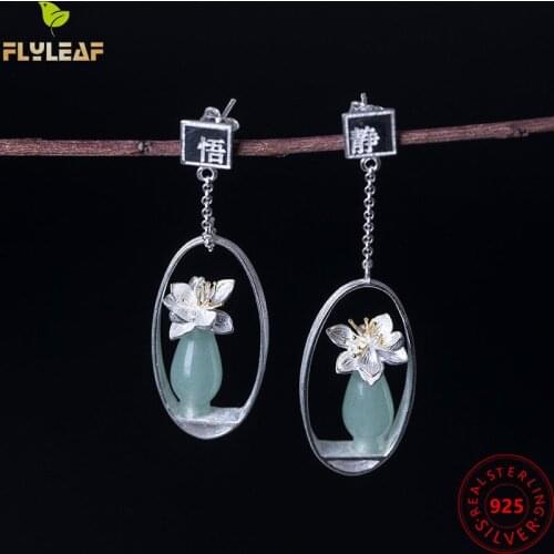 Flyleaf Natural jade Gold Flower Drop Earrings For Women 100% 925 Sterling Silver Chinese Style Vintage Jewelry
