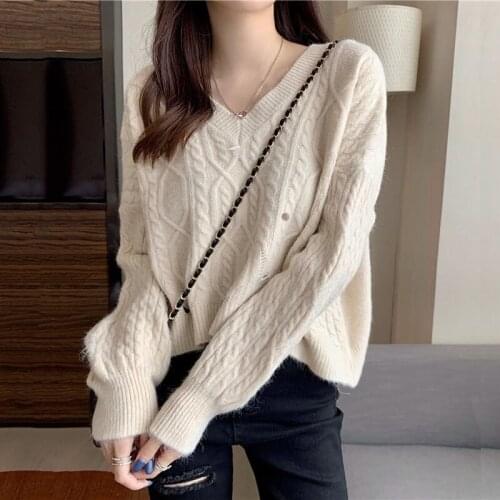 2021 New Autumn Winter Loose Pullover Sweater for Women Korean Fashion Lazy Frayed Hole Twist Knitted Cropped Jumpers Knitwear