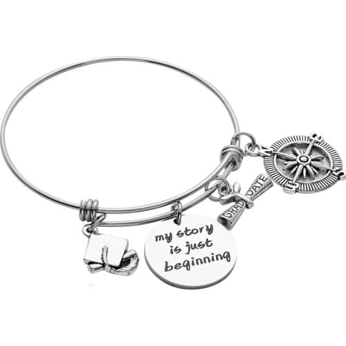 12PC/Lot My Story Is Just Beginning Keychain Graduation Gifts Keyring Compass Expandable Bangle Bracelet Graduate Jewelry