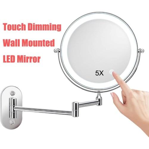 2-face Wall Mirror LED Makeup Cosmetic Vanity Mirror 5X Magnifying Touch Dimming LED Lights Wall Mount Bathroom Mirrors 8inches