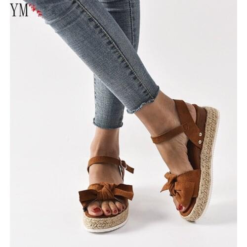 2021 Summer Women Platform Sandals Buckle Fashion Flat High Heels Shoes Bowknot Ankle Strap Ladies Open Toe Sandals Shoes Women