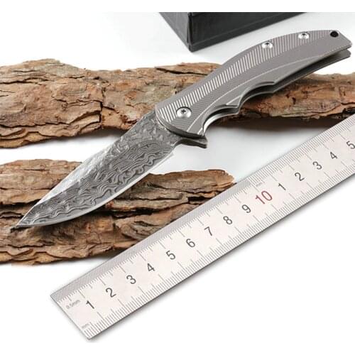 Free shipping sharp Damascus steel imports blacksmithing camping tool folding knife titanium handle outdoor self-defense knife