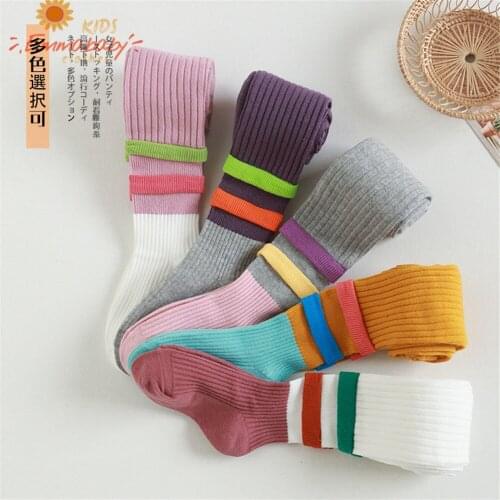 Childrens Contrast Color Stockings Knitted Hosiery Long Vertical Stripes Stockings Baby Girls Slim Tights