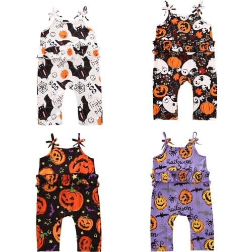 Infant Newborn Baby Girls Boys Halloween Romper Sleeveless Strap Pumpkin Jumpsuits Ruffled Festivals Outfits