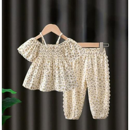 Two-Piece Childrens Sets Summer New Shoulderless Short Shirt + Lace Pants Floral Fashion Kids Girls Boutique Outfits 1-6Y