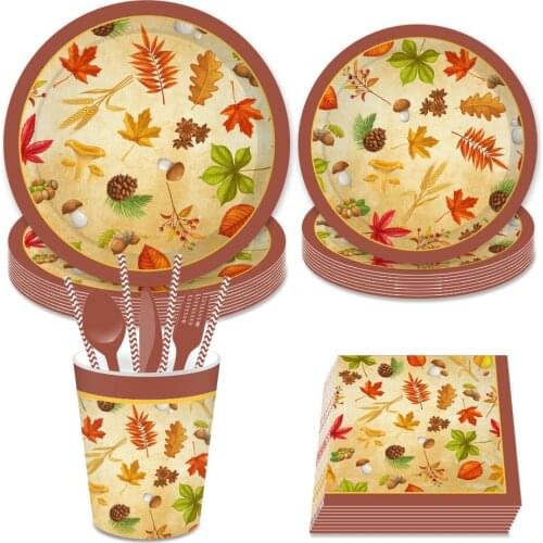 Thanksgiving Day Party Decorations Fall Maple Leaves Disposable Dinner Plates Cups Tableware Sets Autumn Harvest Party Favors