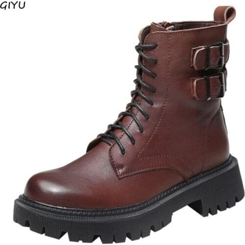GIYU Womans Genuine Leather Fashion Martin Boots 2021 Spring New Female Flat Bottom Non-slip Footwear Cowhide Ankle Boots 35-40