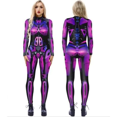 Hot Sale Halloween Digital Robot Cosplay Zentai Bodysuit For Girl Long Sleeve Tights Jumpsuit Women Printing Lingerie Costume