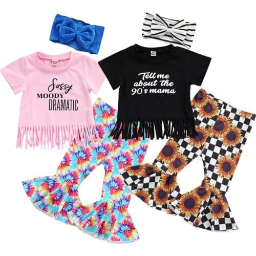 2pcs Infant Kids Girls Clothes Sets Letter Short Sleeve Tassel T Shirts Printed Flare Pants Outfits 1-6Y