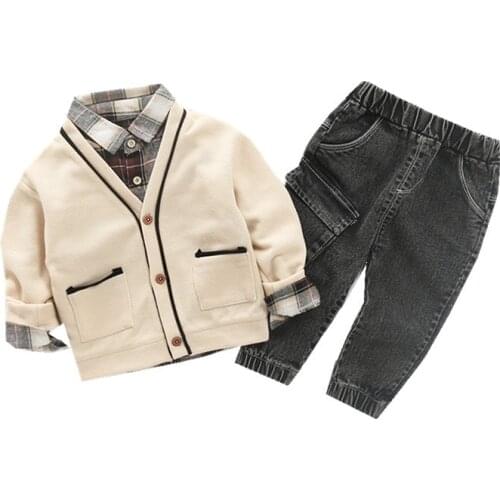 Baby Boys Coat Suit Long Sleeve stripe Shirt+Sweater Coat+Pant 3pcs Clothing Set Children Autumn Clothes 0-3Y