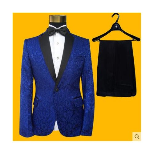 Singer star style dance stage blue red clothing men Embroidered lace suit set with pants mens wedding suits formal dress tie