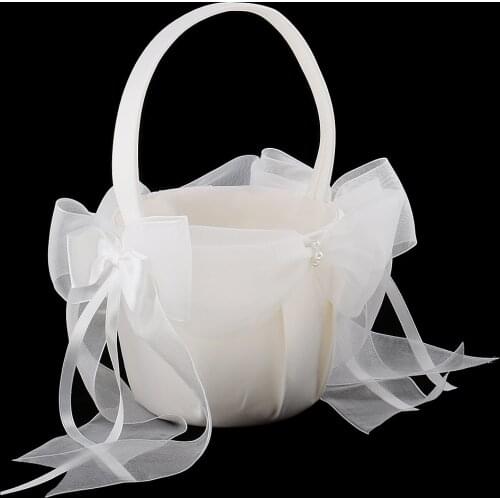 MagiDeal Beige Satin Flower Girl Basket Large Tulle Bow Wedding Party Supplies