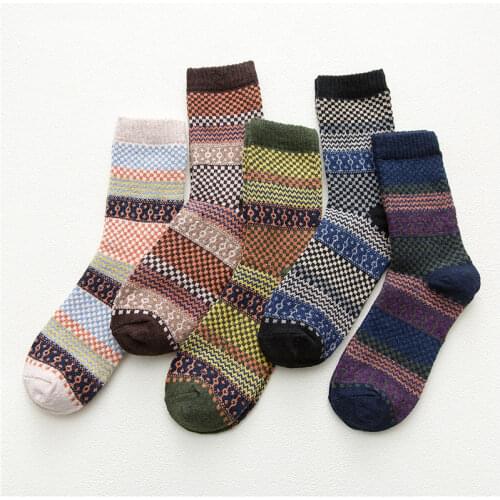5 Pairs Autumn Winter National Wind Women Wool Socks Warmer Small Square Ethnic Style Cashmere Thermal Thicken Women Socks