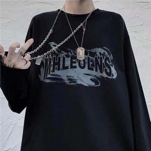 Autumn Harajuku dark flame letter print loose long-sleeved T-shirt men and women dress