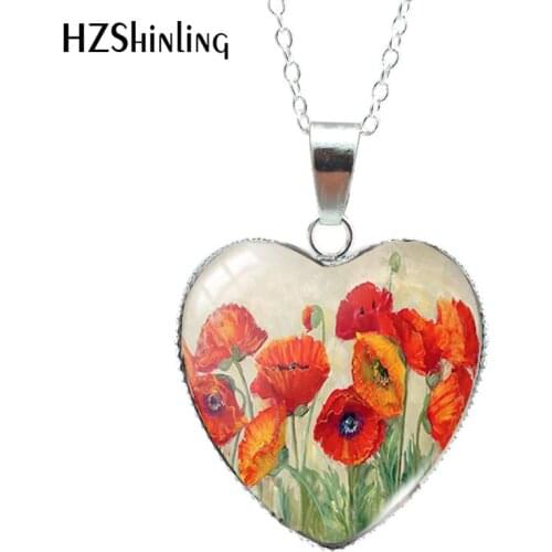 Poppies Flower Paintings Heart Shaped Glass Cabochon Pendants Fashion Jewelry Necklace
