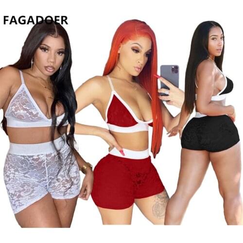 FAGADOER Sexy Lace Backless Two Piece Set Women Through Bra Crop Top And Shorts Summer Nightclub Party Suit Female Outfit 2021