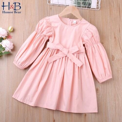 Humor Bear Girls Dress Spring Autumn New Puff-Sleeve Round Collar Bow Solid Color Toddler Princess Kids Party Dress