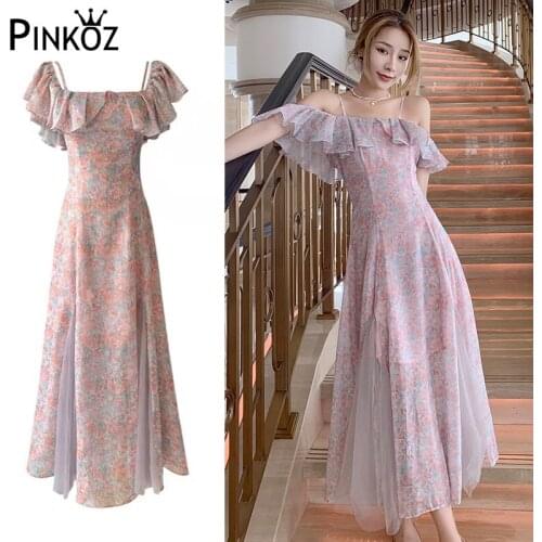 Pinkoz sweet cute floral printed maxi dress slash neck off the shoulder patchwork pleated mesh dresses vintage party robe femme
