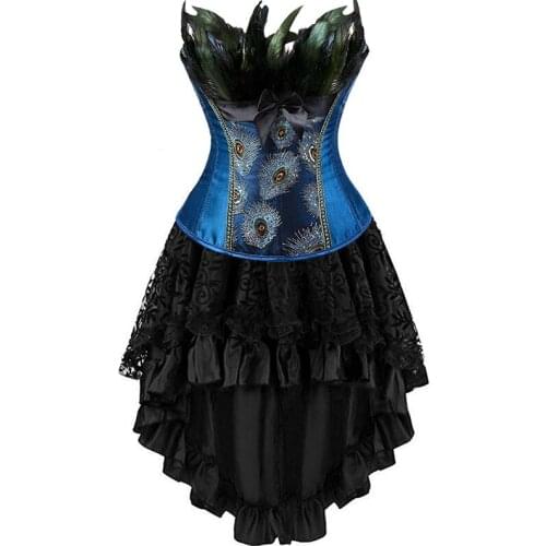 Corset Dress Skirt Set Sexy Feathers Overbust Bustier Corselet Burlesque Gothic Vintage Plus Size Halloween Costume Korse Black