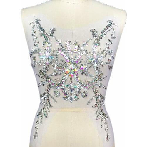 HAND Beaded Sequin Sew on Women Clothes Rhinestones AB Applique Patches Haute Bodice Corset Costume Wedding Dress Prom 28x49cm