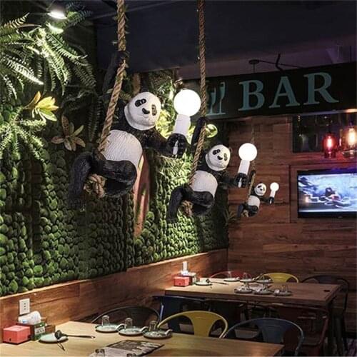 Nordic art deco zoo decoration hemp rope panda pendant lights loft bar restaurant homestay style wooden house plant hanging lamp